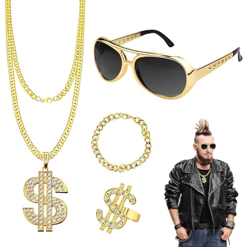 DIELIANHUA 4 PCS Hip Hop Accessoires,80er 90er Hip Hop Accessoires Herren,Rapper Accessoires,Hip Hop Kostüm Herren,80er 90er Rapper Hip Hop Kostüm für Cosplay Halloween Karneval Mottoparty von DIELIANHUA