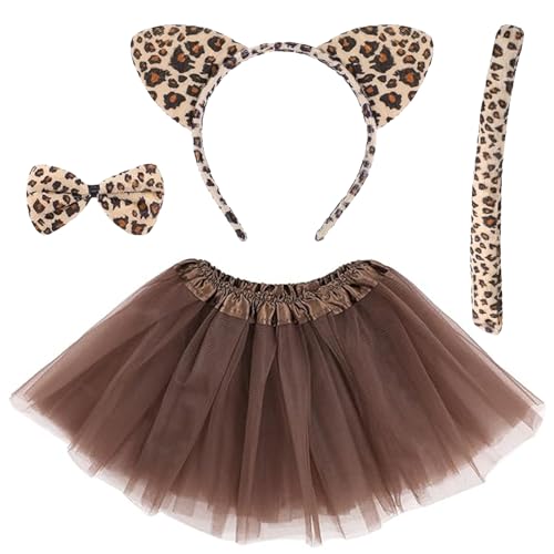 DIELIANHUA 4 PCS Leoparden Kostüm, Leopard Kostüm Set, Leoparden Ohren Haarreif Schwanz Fliege Tutu Rock, Leoparden Kostüm Damen, Leoparden Kostüm Accessoires für Karneval Cosplay Halloween Party von DIELIANHUA