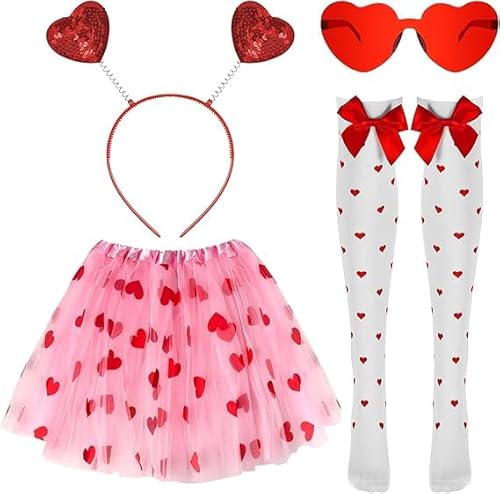 DIELIANHUA 5 PCS Amor Kostüm Damen, Karneval Kostüme Amor Set, Herzchen Tutu, Herz Haarreif Glitzer, Herzbrille, Kniestrümpfe mit Herzen Schleife, Romantische Amor Kostüm Accessoires von DIELIANHUA