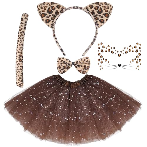 DIELIANHUA 5 PCS Leoparden Kostüm, Leopard Kostüm Set, Leoparden Ohren Haarreif, Schwanz, Fliege, Glitzer Gesichtstattoo, Tutu Rock, Leoparden Kostüm Damen Accessoires für Karneval Cosplay Party von DIELIANHUA