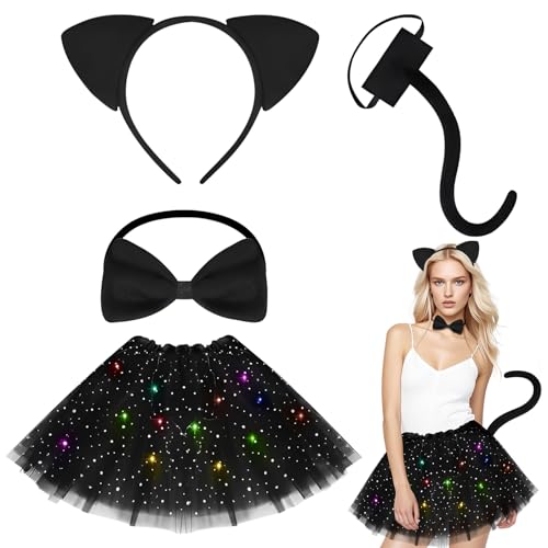 DIELIANHUA Katzenkostüm Damen, 4 PCS LED Katze Katzenkostüm Halloween, Damen Halloweens Kostüm Mädchen, Mit Haarband, Fliege und Schwanz, Geeignet für Halloweens, Karneval, Rollenspiele DIELIANHUA Katzenkostüm Damen, 4 PCS LED Katze Katzenkostüm Halloween, Damen Halloweens Kostüm Mädchen, Mit Haarband, Fliege und Schwanz, Geeignet für Halloweens, Karneval, Rollenspiele von DIELIANHUA
