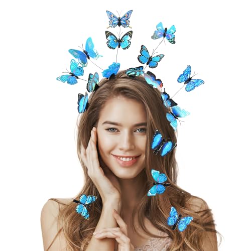 Schmetterling Haarreif + 8 Stück Schmetterling Haarspange, Schmetterling Fascinator Stirnband, Schmetterling Stirnband für Damen Mädchen Halloween Karneval Cosplay Kostüm, Blau von DIELIANHUA