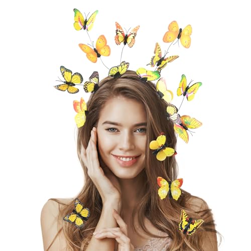 Schmetterling Haarreif + 8PCS Schmetterling Haarspange, Schmetterlings Fascinator Stirnbänder, Schmetterling Stirnband für Damen Mädchen Halloween Karneval Cosplay Kostüm, Gelb von DIELIANHUA