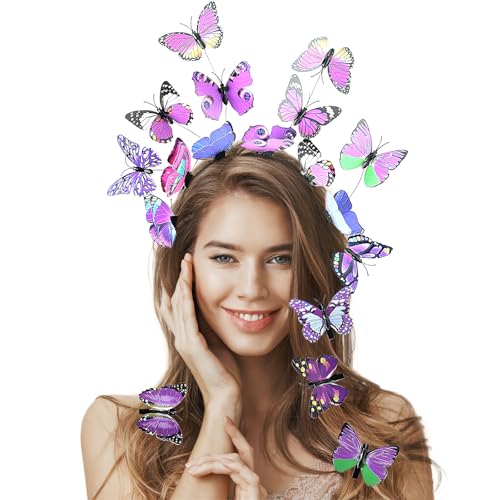 Schmetterling Haarreif + 8PCS Schmetterling Haarspange, Schmetterlings Fascinator Stirnbänder, Schmetterling Stirnband für Damen Mädchen Halloween Karneval Cosplay Kostüm, Lila von DIELIANHUA