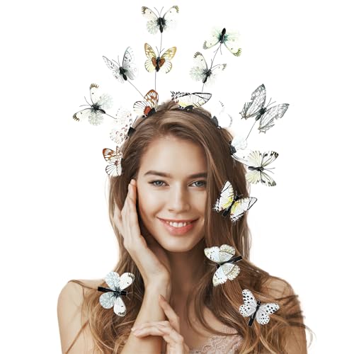 Schmetterling Haarreif + 8PCS Schmetterling Haarspange, Schmetterlings Fascinator Stirnbänder, Schmetterling Stirnband für Damen Mädchen Halloween Karneval Cosplay Kostüm, Weiß von DIELIANHUA