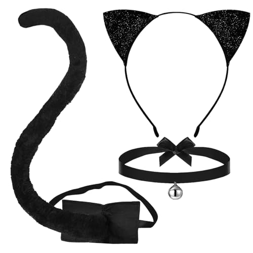 DIELOVEHUA 3PCS Katzen Kostüm, Katze Cosplay Set, Katzenohren Haarreif, Katzenschwanz, Schleif Fliege, Katzenkostüm Damen, für Halloween Cosplay Karneval Party, Cat Costume von DIELOVEHUA