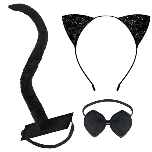 DIELOVEHUA 3PCS Katzen Kostüm, Katze Cosplay Set, Katzenohren Haarreif, Katzenschwanz, Schleif Fliege, Katzenkostüm Damen, für Halloween Cosplay Karneval Party, Cat Costume von DIELOVEHUA