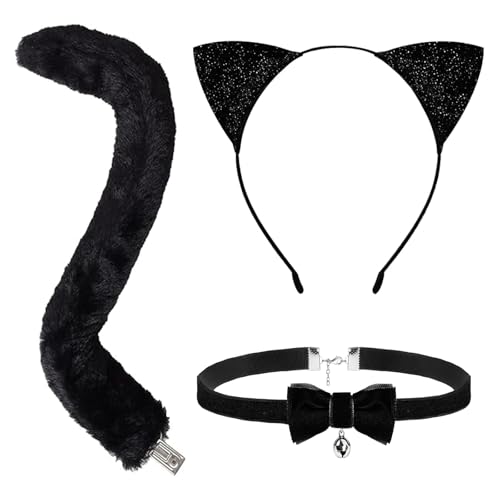 DIELOVEHUA 3PCS Katzen Kostüm, Katze Cosplay Set, Katzenohren Haarreif, Katzenschwanz, Schleif Fliege, Katzenkostüm Damen, für Halloween Cosplay Karneval Party, Cat Costume von DIELOVEHUA