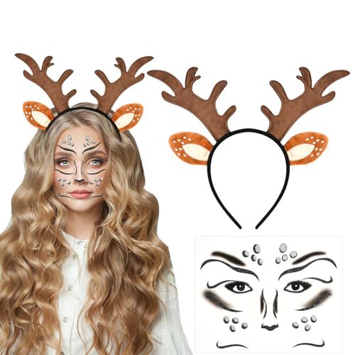 DIELOVEHUA Rentier Haarreif, Geweih Haarreif + Reh Gesichtstattoo, Rentier Stirnband, Reh Kostüm Damen, Reh Haarreif für Damen Kinder Halloween Cosplay Karneval Weihnachten von DIELOVEHUA