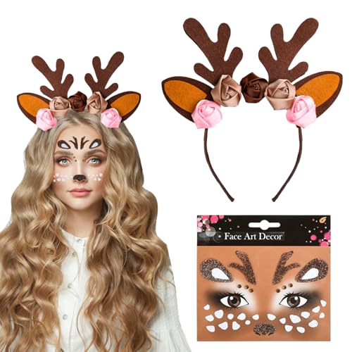 DIELOVEHUA Rentier Haarreif, Geweih Haarreif + Reh Gesichtstattoo, Rentier Stirnband, Reh Kostüm Damen, Reh Haarreif für Damen Kinder Halloween Cosplay Karneval Weihnachten von DIELOVEHUA