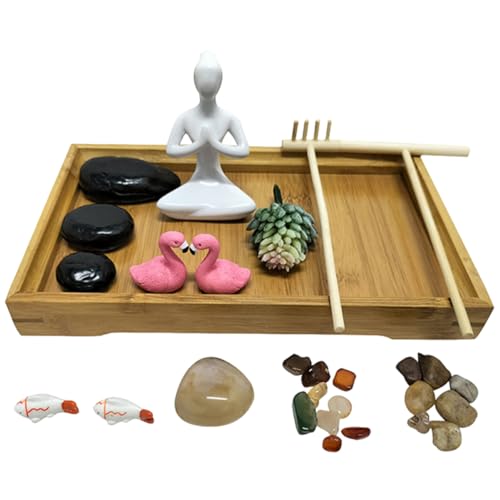 DIKACA 1 Set Mini Zen Garten Yoga Desktop Ornament Meditationsdeko Für Schreibtisch Zen Garten Sandbox Im Natürlichen Holzton Tischdekoration Für Entspannung Und von DIKACA