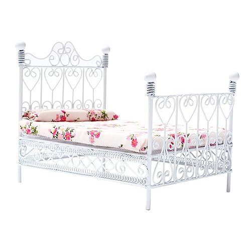 DIKACA 12 Doppelbett Mit Floral Bedruckter Matratze Miniaturmöbel Für Puppenhaus Schlafzimmeraccessoire von DIKACA