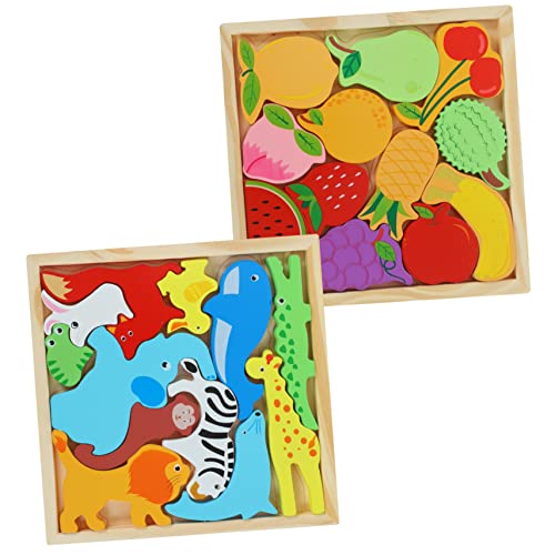 DIKACA 2 Boxen Holzpuzzle Für Lernspielzeug Aus Mit Bunten Cartoon Motiven Waldtiere + Früchte Pädagogisches Puzzle Für Kleinkinder Und Vorschulkinder von DIKACA