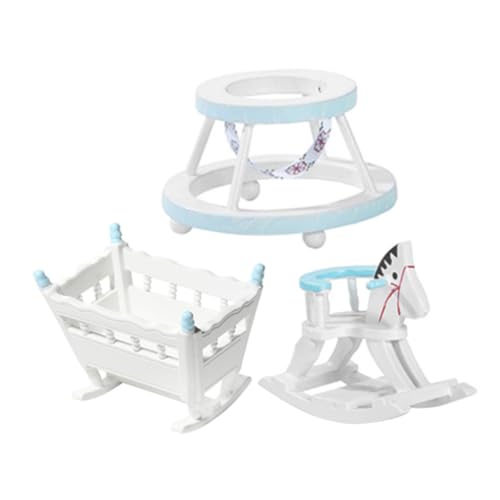 DIKACA 3 Teiliges Set Miniaturmöbel Für Puppenhaus Blaues Babyzimmer Mit Babywiege Holzschaukelpferd Und Lernlaufwagen Für Kinderzimmer Dekoration von DIKACA