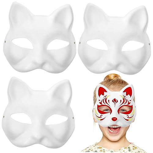 DIKACA 3er Set Katzen Zum Bemalen DIY Weißes Papiermasken Set Für Kindergarten Und Halloween Kostüme Handgemalte Maske Für Kreative Bastelideen von DIKACA