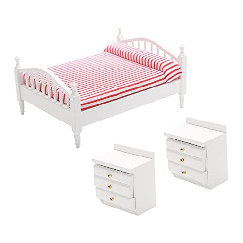 DIKACA Mini Puppenmöbel Doppelbett Mit Nachttischen Dekorative Spielzeugmöbel Für Ideales Zubehör Für Puppenhaus Und Puppenstuben Europäischer Stil von DIKACA