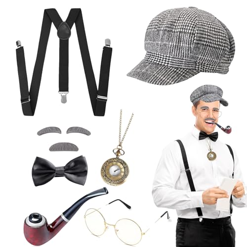 DIKARIYA 20er Jahre Opa Kostüm, Sherlock Holmes Detektiv Kostüm Zubehör mit Hut Elastischer Y-Rücken Hosenträger Fliege Bart Augenbrauen Brille Accessoires für Halloween Kostüm Herren Maskerade Party von DIKARIYA