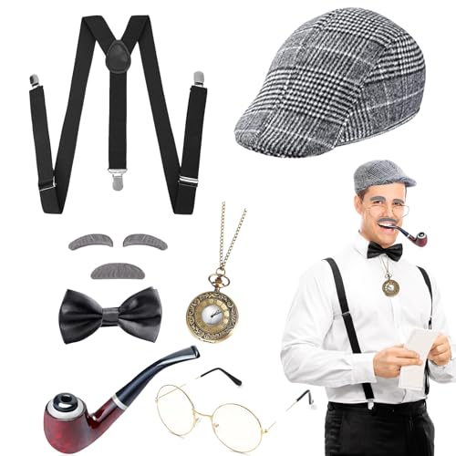 DIKARIYA 20er Jahre Opa Kostüm, Sherlock Holmes Detektiv Kostüm Zubehör mit Hut Elastischer Y-Rücken Hosenträger Fliege Bart Augenbrauen Brille Accessoires für Halloween Kostüm Herren Maskerade Party von DIKARIYA