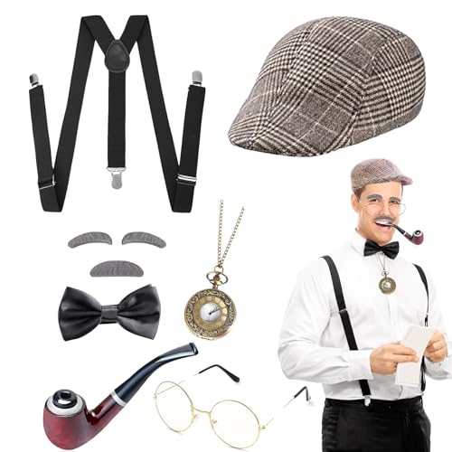 DIKARIYA 20er Jahre Opa Kostüm, Sherlock Holmes Detektiv Kostüm Zubehör mit Hut Elastischer Y-Rücken Hosenträger Fliege Bart Augenbrauen Brille Accessoires für Halloween Kostüm Herren Maskerade Party von DIKARIYA