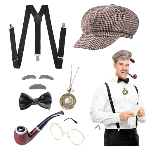 DIKARIYA 20er Jahre Opa Kostüm, Sherlock Holmes Detektiv Kostüm Zubehör mit Hut Elastischer Y-Rücken Hosenträger Fliege Bart Augenbrauen Brille Accessoires für Kostüm Herren Maskerade Party (Design 2) von DIKARIYA