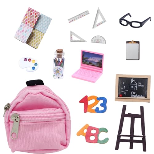 DIKARIYA Miniaturpuppe Schulbedarf, Puppenhaus Mini Schulset Puppenschulbedarf Puppe Miniatur Buch Rucksack Tafel Papier Spielset Puppenhaus Deko Schulzubehör, Puppenzubehör Spielzeug für Kinder von DIKARIYA