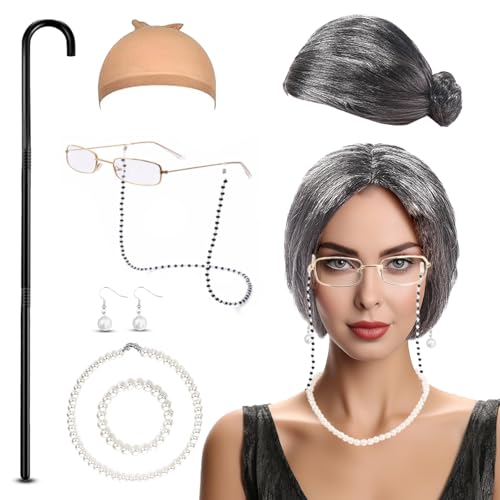 DIKARIYA Oma Perücke Set, 8er Old Lady Kostüm Großmutter Perücke Cosplay Zubehör Alte Dame Kappe Brille Ketten Perlenkette Spazierstock, Kostümzubehör für Frauen Fasching Maskerade Karneval Damen von DIKARIYA