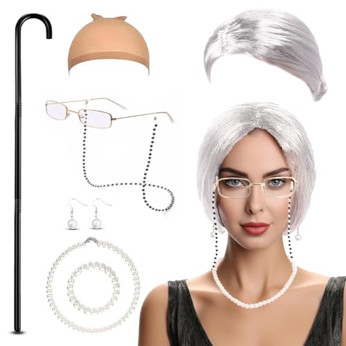 DIKARIYA Oma Perücke Set, 8er Old Lady Kostüm Großmutter Perücke Cosplay Zubehör Alte Dame Cosplay Kappe Brille Ketten Perlenkette Spazierstock, Kostümzubehör für Fasching Maskerade Karneval Damen, B von DIKARIYA