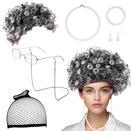 DIKARIYA Oma Perücke Set, 8er Old Lady Kostüm Set Großmutter Perücke Alte Dame Kappe Brille Ketten Armband Perlenkette Zubehör, Damen Kostümzubehör für Halloween Fasching Karneval Frauen (Oma C) von DIKARIYA