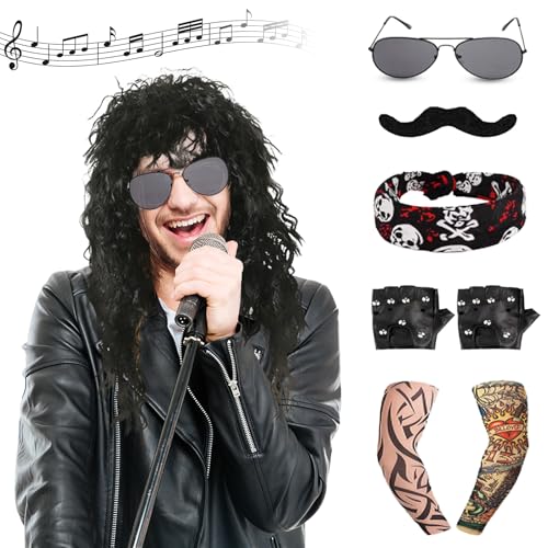 DIKARIYA Rocker Outfit Herren, Halloween Herren Kostüm Rock Star 70er 80er 90er Jahre, Herren Rockstar Kostüm für Männer Frauen, 70er Jahre Schwarz Wig Perücke für Herren & Damen Halloween Mottoparty von DIKARIYA