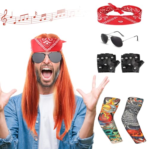 DIKARIYA Rocker Outfit Herren, Halloween Herren Kostüm Rock Star 70er 80er 90er Jahre, Herren Rockstar Kostüm für Männer Frauen, 70er Jahre Wig Perücke für Herren & Damen Halloween Mottoparty von DIKARIYA