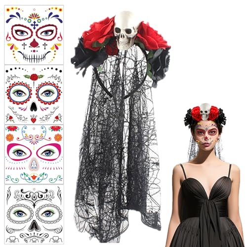 DIKARIYA Halloween Tag der Toten Haarreif mit Schleier, Tag der Toten Haarschmuck Mexikanische Stirnband Rosen Totenkopf Kopfschmuck Gesicht Tatto Kostüm für Karneval Frauen Damen Blume Maskerade von DIKARIYA