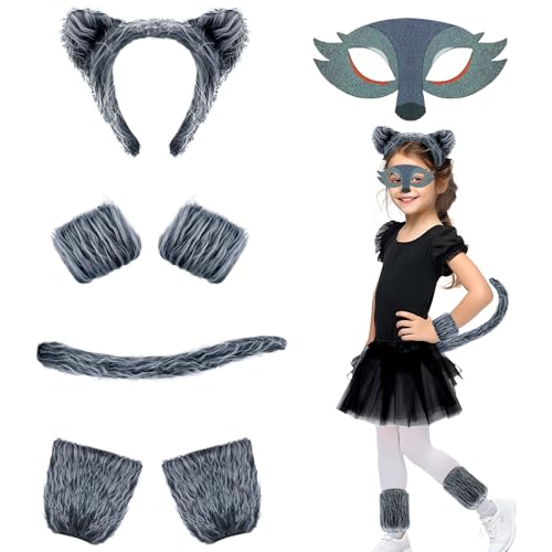 DIKARIYA Wolf Kostüm Kinder, Wolf Ohren und Schwanz Set Katze Wolf Fuchsschwanz Anziehset Wolf Maske Werwolf Haarreifen mit Pfoten Tierkostüm Mädchen Kostüm für Karneval Tiere Cosplay Faschingskostüme von DIKARIYA