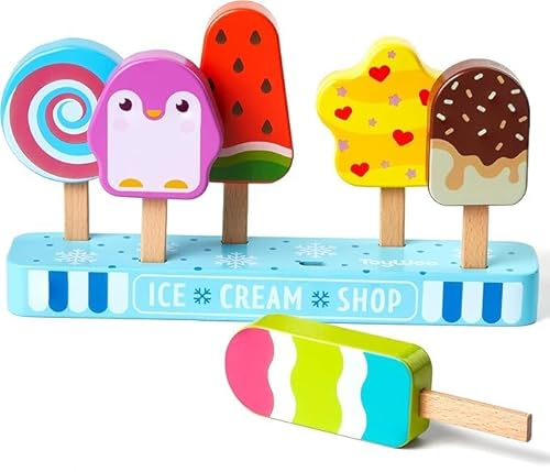 7-teiliges Eiscreme-Spielzeug-Set aus Holz – Bunte Eissorten mit Ständer, Kinderküche Montessori-Spielzeug für Kinder ab 3 Jahren von DINO SONO