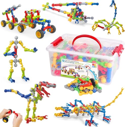 DINO SONO Konstruktionsspielzeug Bauklötze Steckbausteine Set mit Räder, 125 Teile Grundbausteine, Skelett, Kreatives Lernspielzeug für Kinder ab 3 Jahren, mit Aufbewahrungsbox und Anleitung von DINO SONO