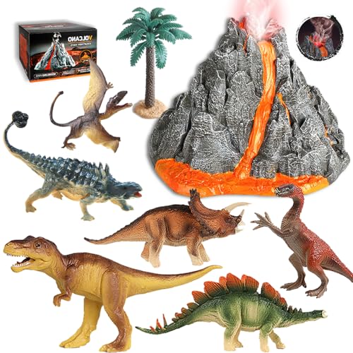 DINO SONO Vulkanausbruch Dinosaurier Spielzeug Set Vulkan mit Licht und realistischen Rauch Effekt Dinosaurier Figuren Set, STEM Lernspielzeug Geschenk für Kinder Jungen und Mädchen von DINO SONO