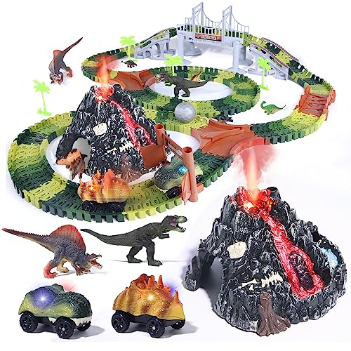 Dinosaurier Autorennbahn Vulkan Dino Spielzeug ab 3 4 5 6 7 Jahre Junge Geschenk Strax Bahn Track Set Kinder Autobahn 256pcs Playset Dinosaur Island von DINO SONO