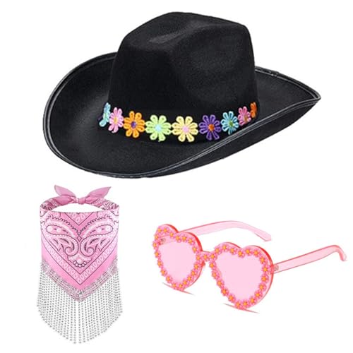 DINSOAVR Hut mit Blume, Cowgirl-Hut, Panamahut, Bandana, Sonnenbrille, Set Überraschung für Mädchen, Jungen, Braut, Hut für Karneval, Musikfestival von DINSOAVR