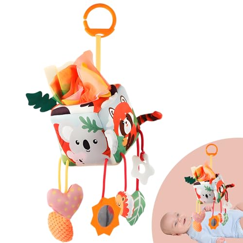 DINYOAN Baby Kinderwagen Spielzeug ab 0 2 3 4 6 8 9 12 Monate, Kubischer Anhänger Greifling Babyspielzeug mit Spiegel und Sound, Plüsch Hängespielzeug Neugeborenen Mädchen Jungen Geschenk von DINYOAN