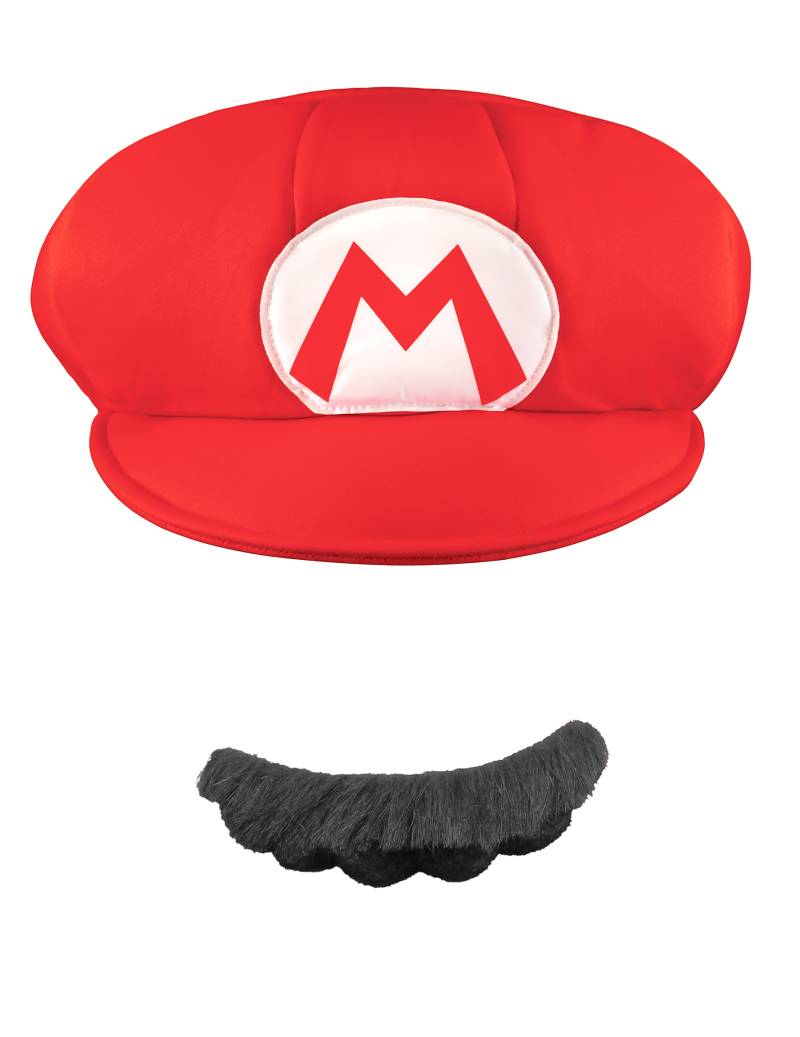 Mario-Set Mütze und Bart Super Mario Videospiel weiss-rot-schwarz von KARNEVAL-MEGASTORE