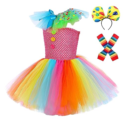 Clown Tutu Kostüm, Regenbogen Tutu Damen Mädchen Tutu Kleid, Halloween Clown Kostü für Kinder, Tutu Kleid für Mädchen Lustiges Clown Cosplay Outfit, Mädchen Stirnbänder und Handschuhe Cosplay Kleider von DISPRA