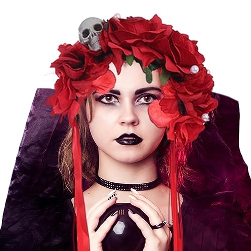 DISPRA Halloween-Blumen-Haarband, Totenkopf-Perlen-Stirnband mit und Bändern, buntes Haar-Accessoire für von DISPRA