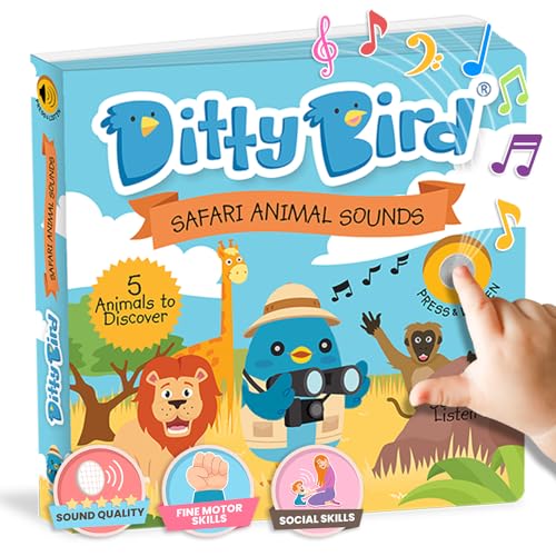 Ditty Bird Safari Buch: Realistisches Tier-Soundbuch, interaktive Pappbilderbücher für Kleinkinder 1-3. Sensorische, musikalische Bücher für Tierliebhaber. Robuste Kinderlieder-Spielzeuge für Babys. von DITTY BIRD