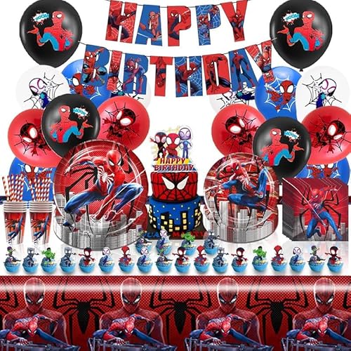 Spider Partygeschirr 10 Gäste,103 Stück Spider Geburtstagsdeko,Luftballons Geburtstag,Deko Geburtstag Kinder,Party Supplies,Tischdecke,Teller,Becher,Servietten,Tortendeko,für Kinder Party Deko von DIUKES