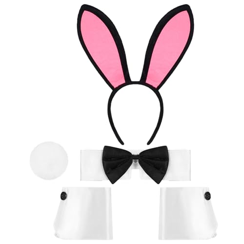 DIVINA VITAE Bunny Girl Cosplay Kostüm Set Schwarz Rosa Hasenohren Haarreif Fliege Manschetten Schwanz Bunny Suit für Damen Ostern Halloween Cosplay Party von DIVINA VITAE