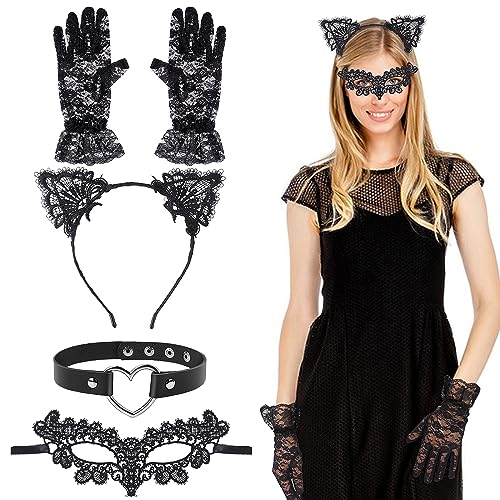 Katzenkostüm-Set Damen Katzenohren Haarreif Spitze Katze Cosplay Kostüm Set Katzenohren Haarreif Schwarz Halskette Spitze Catwoman Maskeund Handschuhemit Kostüm Zubehör für Halloween Kostümfest Party von DIVINA VITAE