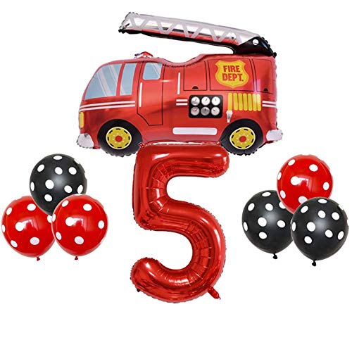 DIWULI Feuerwehr Geburtstag Deko 5 Jahre - Feuerwehr Deko Kindergeburtstag Luftballons, Zahlen-Ballon Zahl 5 rot, Feuerwehr Kindergeburtstag Geburtstagsdeko Feuerwehr Deko Junge Set Party Dekoration von DIWULI