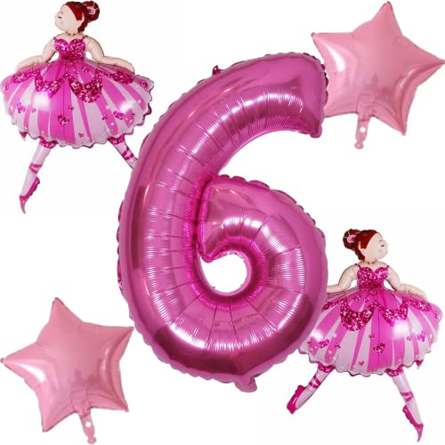 DIWULI Ballerina Geburtstag Deko 6 Jahre Set - Ballerina Deko Ballett Prinzessin Luftballon, Zahlen-Ballon Zahl 6 Luftballon Pink, Folien-Ballon Tänzerin Ballett-Figur 6. Kinder-Geburtstag Mädchen von DIWULI