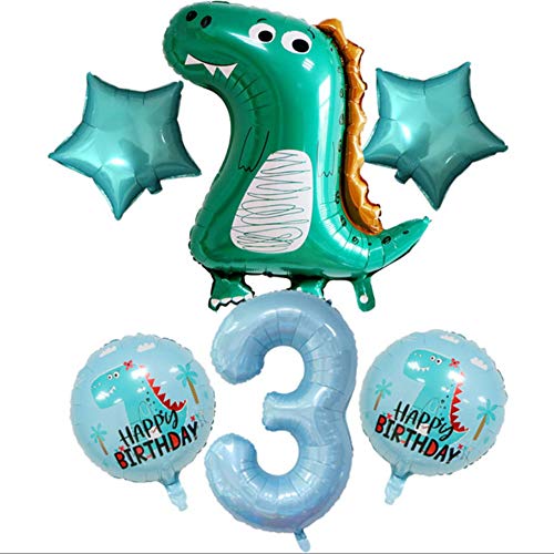 DIWULI Dino Geburtstag Deko 3 Jahre - Dino Deko Kindergeburtstag 3 Jahre, Zahlen-Ballon Zahl 3 Luftballon blau, Dino Luftballon Set, Dino Ballon Dekoration Junge Dinosaurier Geburtstag Deko T-Rex groß von DIWULI