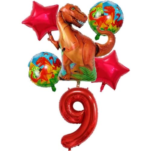 DIWULI Dino Geburtstag Deko 9 Jahre - Dino Deko Kindergeburtstag 9 Jahre, Zahlen-Ballon Zahl 9 Luftballon rot, Dino Luftballon Set T-Rex groß, Dino Ballon Dekoration Junge, Dinosaurier Geburtstag Deko von DIWULI