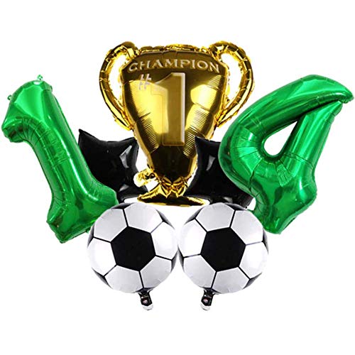 DIWULI Fussball Deko Geburtstag Kinder 14 Jahre - Fussball Geburtstag Deko 14 Jahre Pokal Champion, Zahlen-Ballon Zahl 14 grün, Fussball Geburtstag Luftballons, Fussball Deko Junge, Party Dekoration von DIWULI